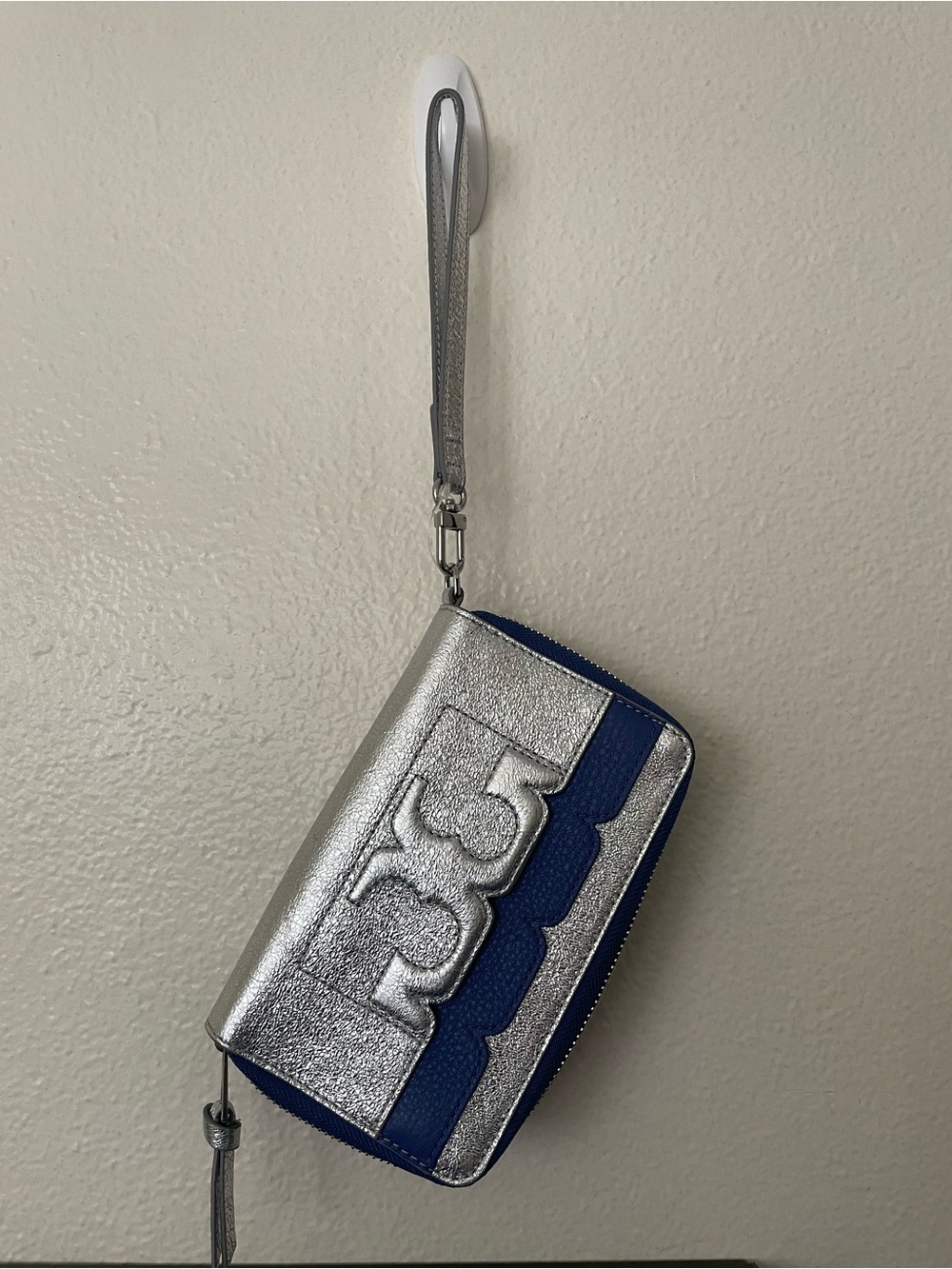 Tory Burch Silver and Blue Embossed Logo Wristlet